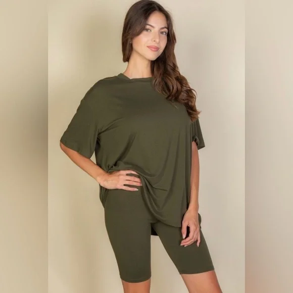 Olive Green Align Matching Set Oversized T Shirt Biker Shorts Lululemon Vuori - Picture 4 of 6